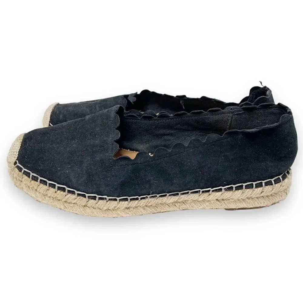 Crown Vintage Brae Espadrille Platform Slip-On Black Suede Scalloped Trim Sz 7.5